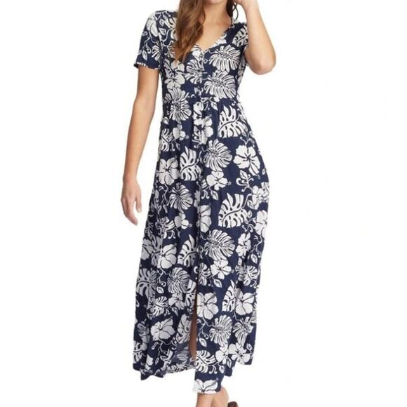 New Roxy Ocean Echo Navy Tropical Floral Button Down Maxi Dress - Picture 1 of 10